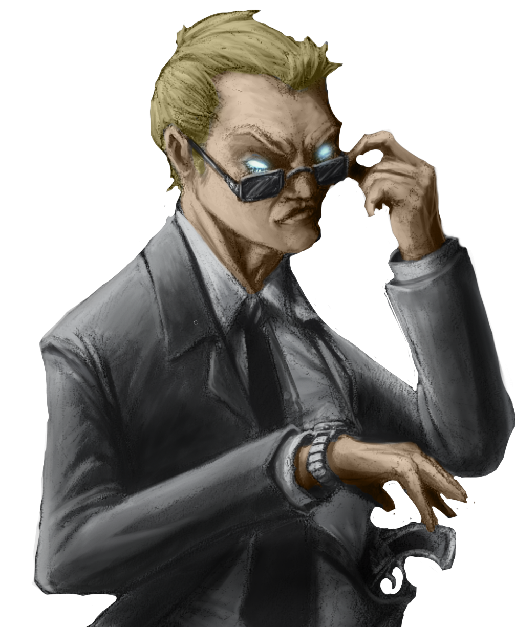 An illustration of a surly blonde man in a business suit. He is reaching for a firearm under his jacket and his eyes are glowing blue over the edge of his sunglasses. Illustration by artist Carter Doody.