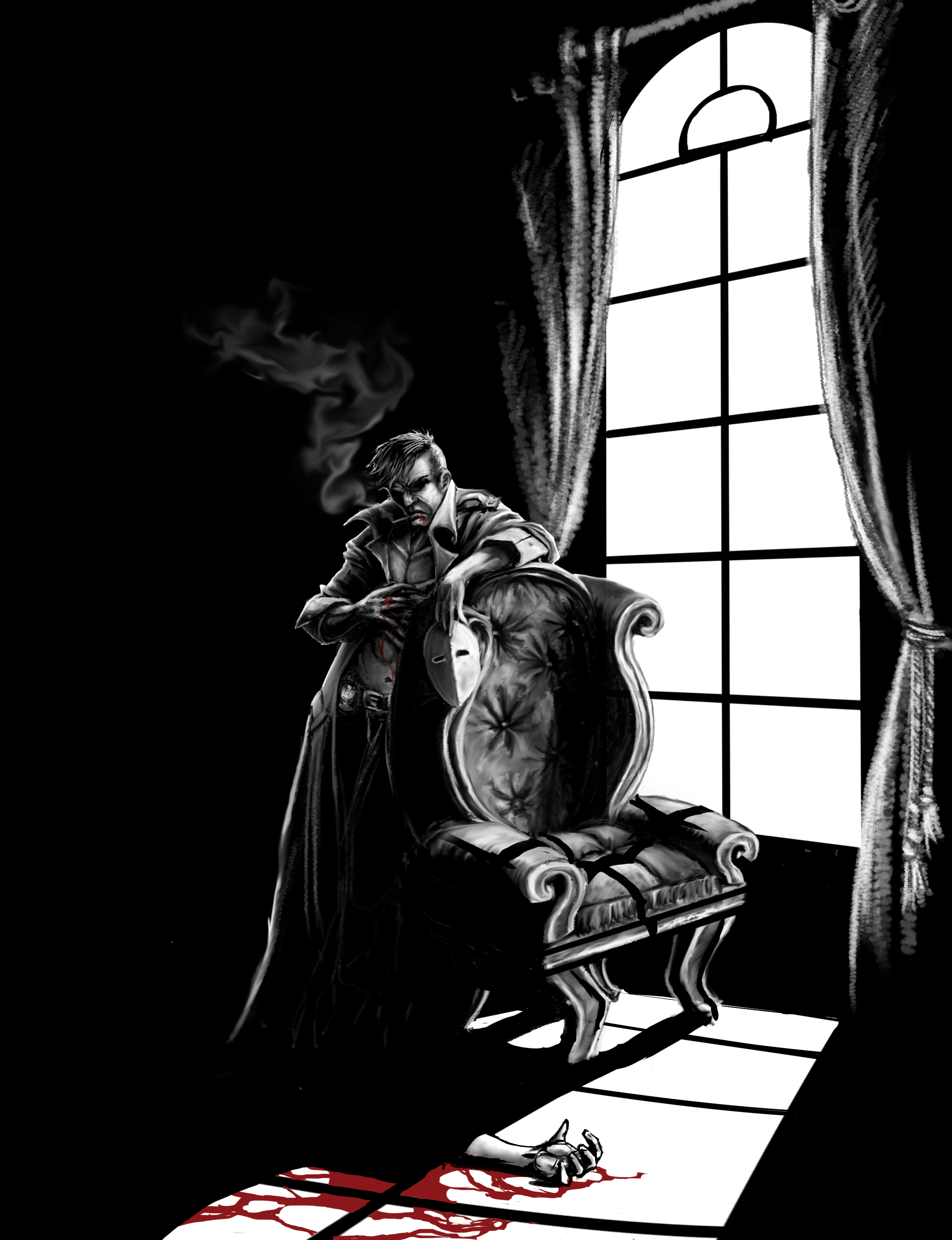 A mostly black-and white illustration in which a man stands near a chair, back-lit by a large window. The man is holding his side, having been injured. He is holding a blank, featureless mask and has a police officer's badge on his belt. A hand extends from beyond the chair the man is leaning on, suggesting the presence of a body. Illustration by Carter Doody